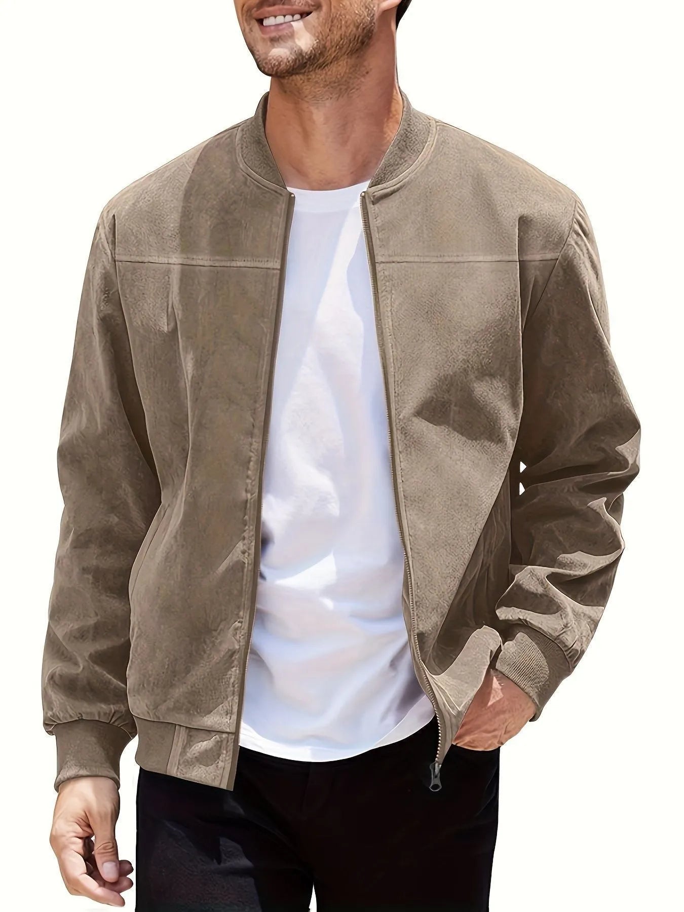 Men's casual plus size suede zipper jacket in polyester with cotton lining