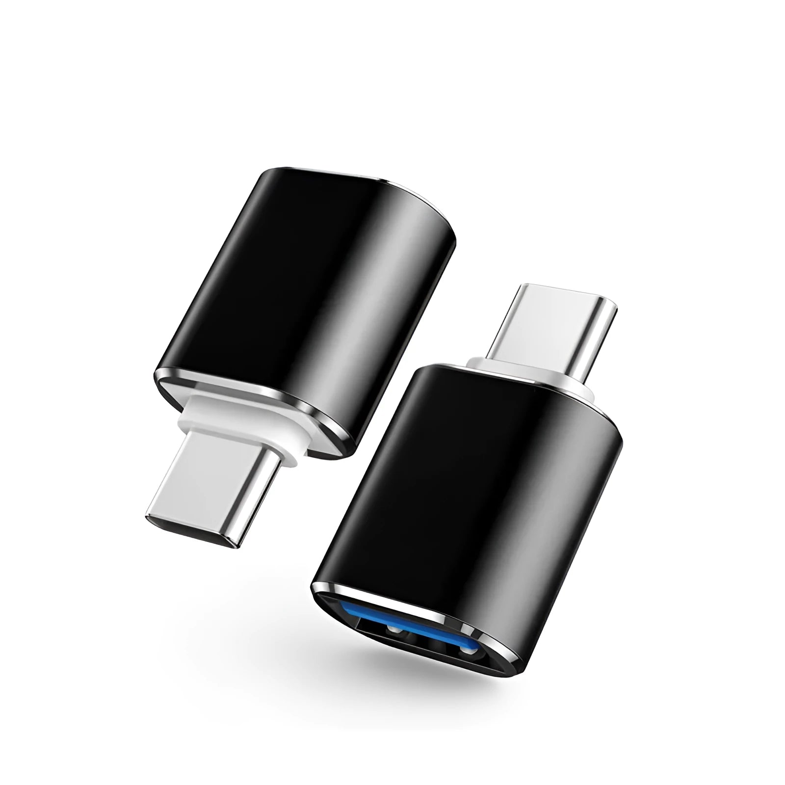 USB-C to USB-A OTG adapter shown in black, gold, and silver colour options.