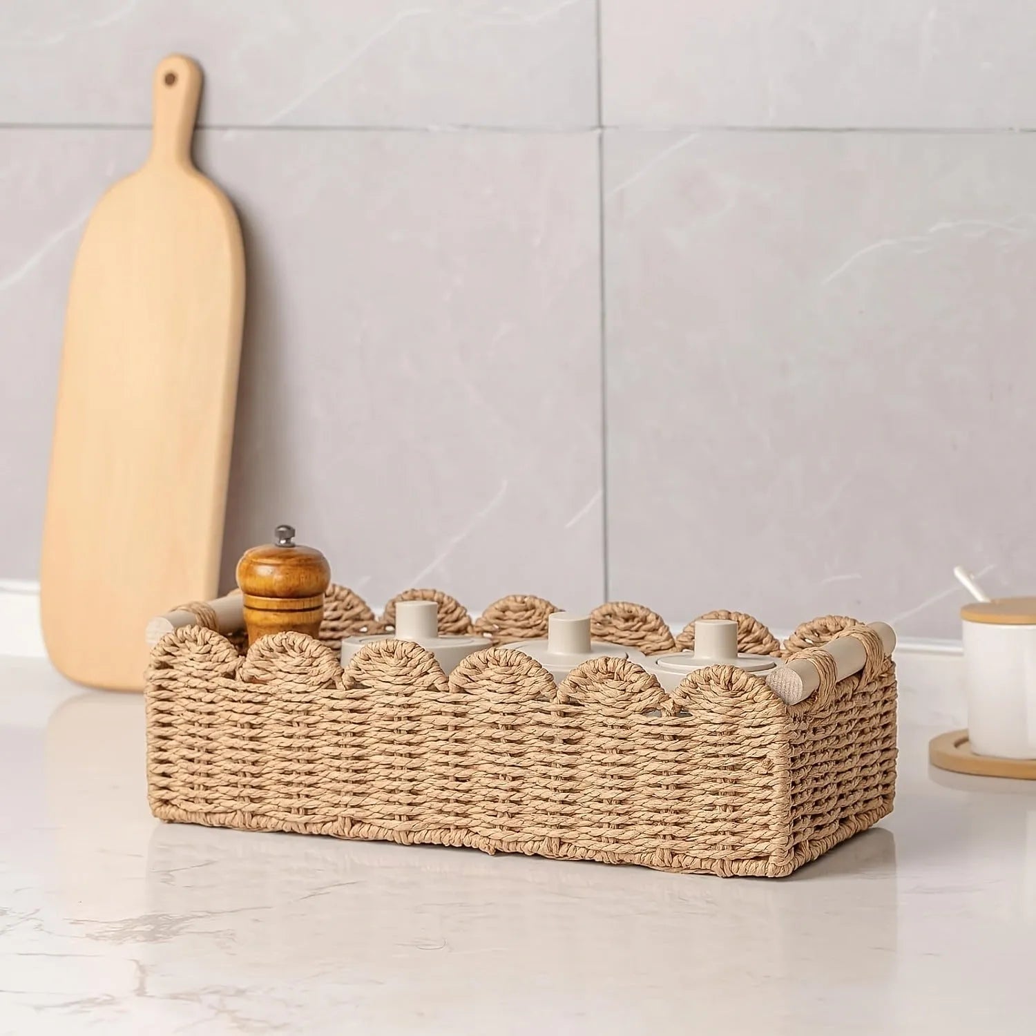 Woven paper storage basket in rectangular shape for desktop organisation