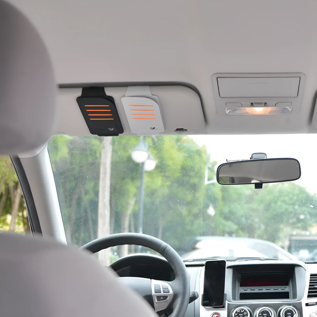 Car sun visor package showing four shading panels and vehicle-mounted storage bag in black or grey colour