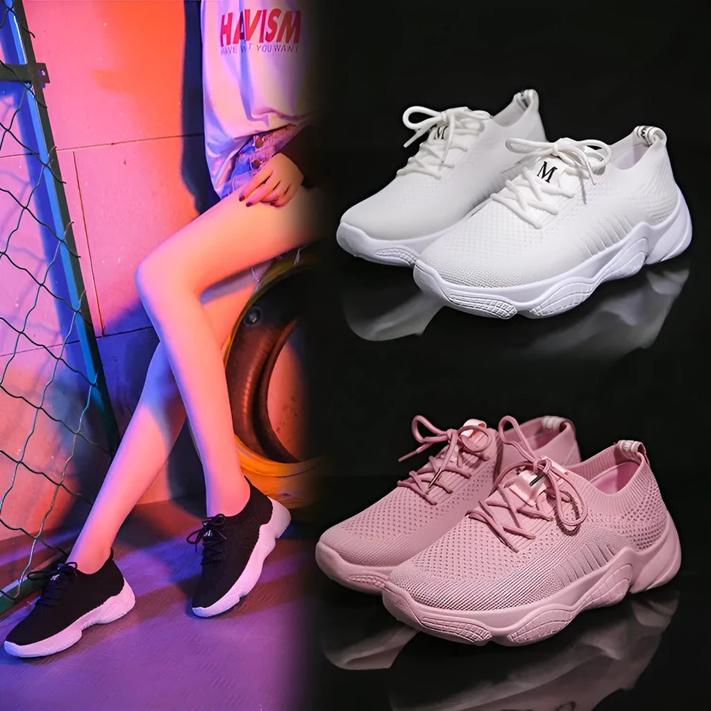 Women's white casual sports shoes with woven upper and thick rubber sole