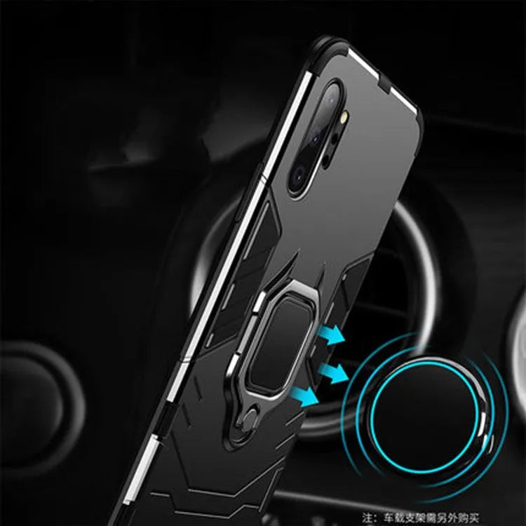Iron Man magnetic Samsung phone case in black showing integrated metal ring on back.