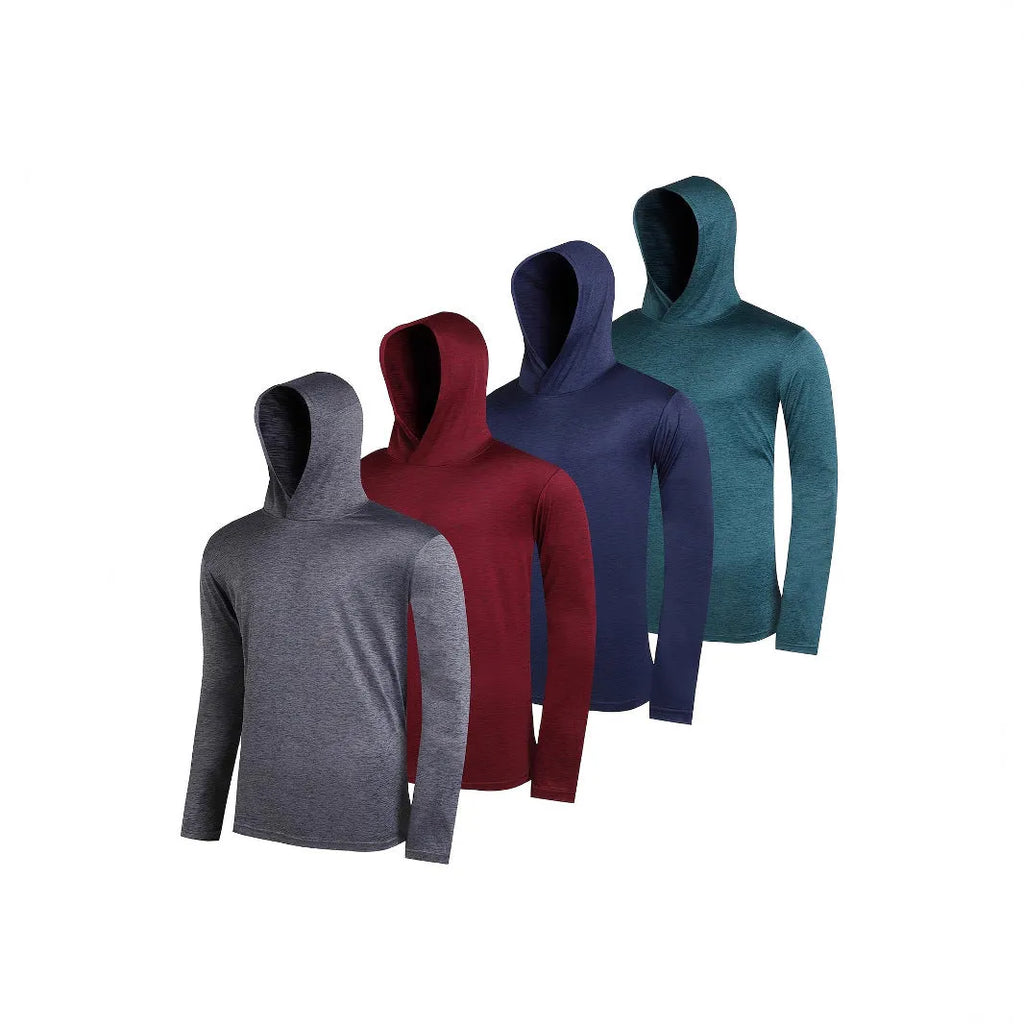 Pack of men's lightweight polyester hoodies in assorted colours on hangers
