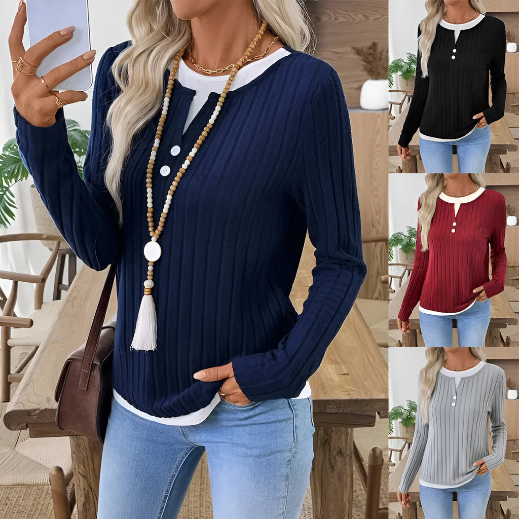 Women's fake two-piece pullover sweater with round neck and button detail in concave stripe polyester