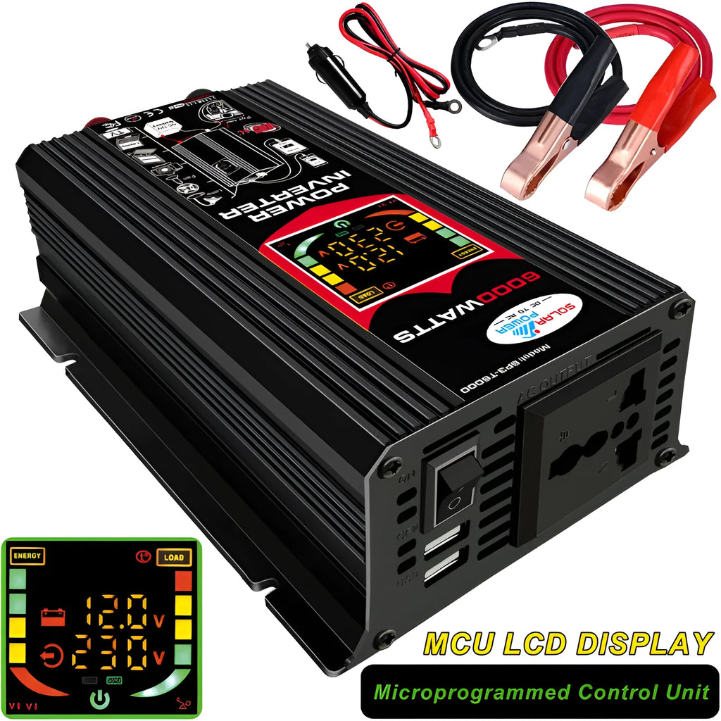 500W car inverter with dual USB ports, smart display, black, 16.5 x 11.2 x 5.6 cm