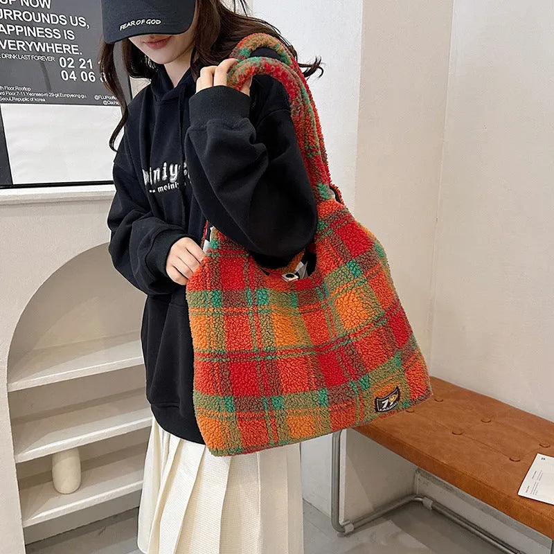 Women's plaid pattern crossbody tote bag in soft plush material with 40x44x9cm dimensions