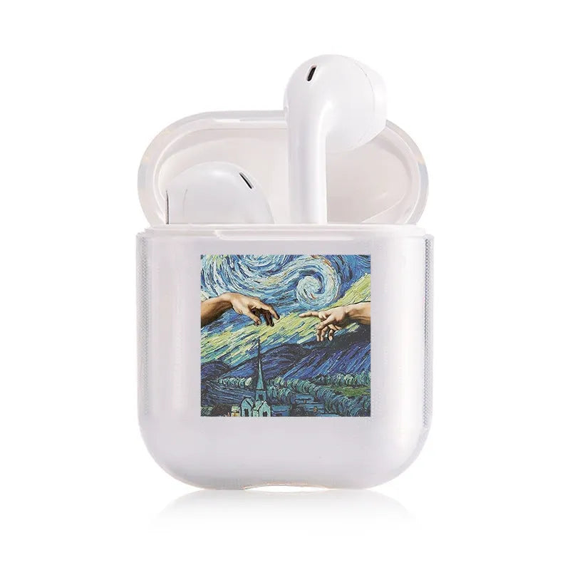 Transparent plastic AirPods protective cover case shown on Apple charging case