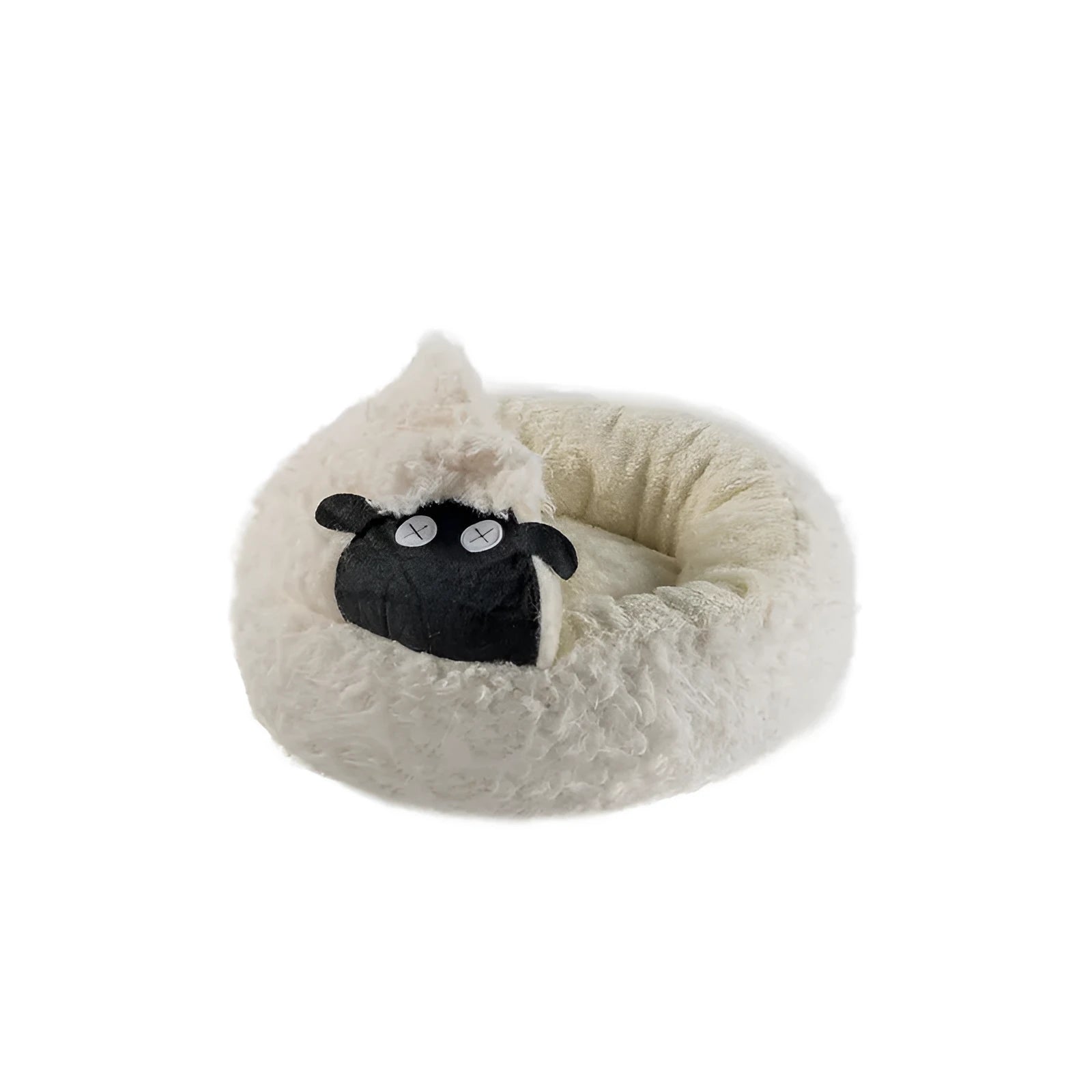 Lamb shape cave cat bed in warm plush fabric, semi-closed round design, available in S and M sizes