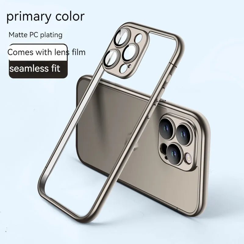 Matte plating frame phone case for Apple iPhone in Titanium Gray with glass lens protector