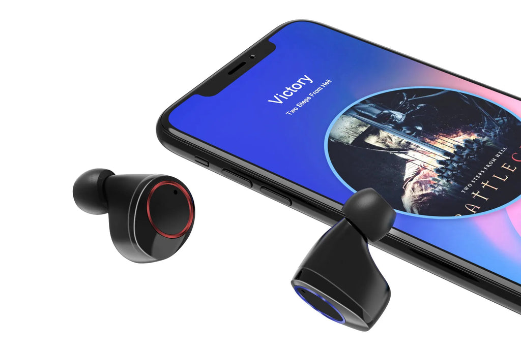 X11 black wireless Bluetooth earphones and charging case with silicone ear tips.