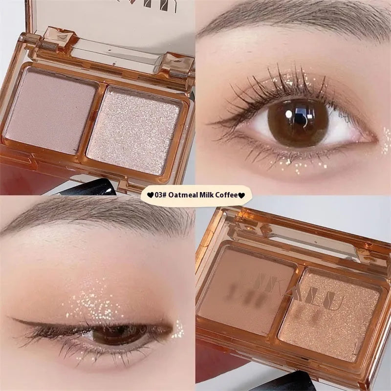 Cool two-tone eye shadow plate showing five colour classifications with matte and shimmer finishes