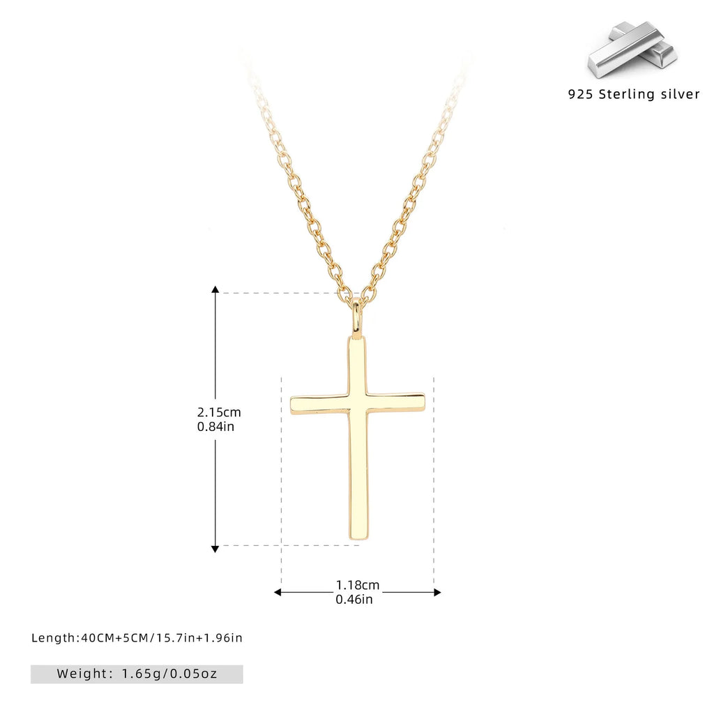 Simple sterling silver cross pendant necklace with glossy finish on adjustable O-link chain