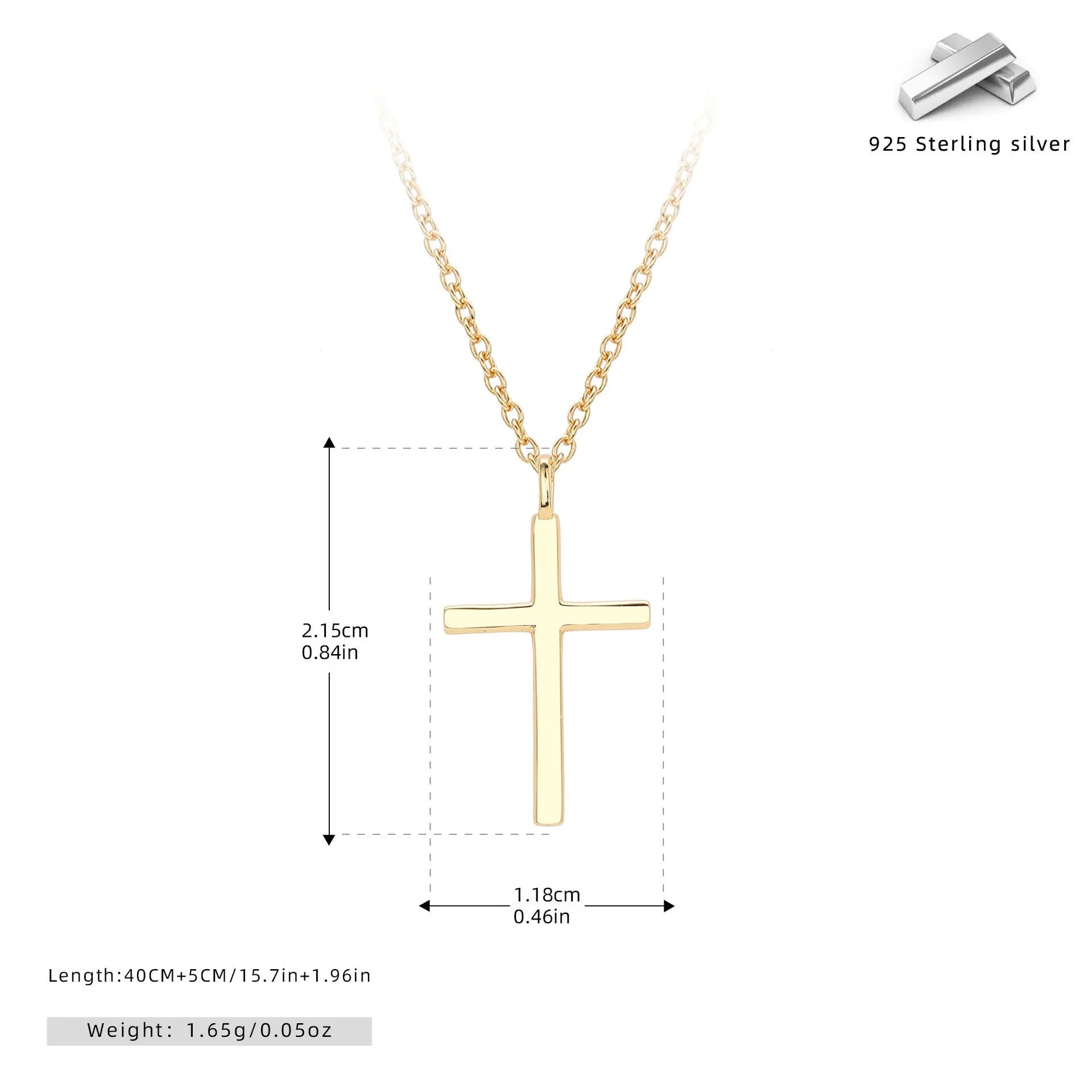 Simple sterling silver cross pendant necklace with glossy finish on adjustable O-link chain