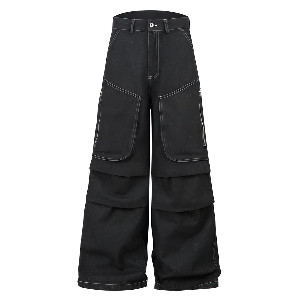 Black multi-pocket pleated workwear denim jeans with mid waist and zip placket