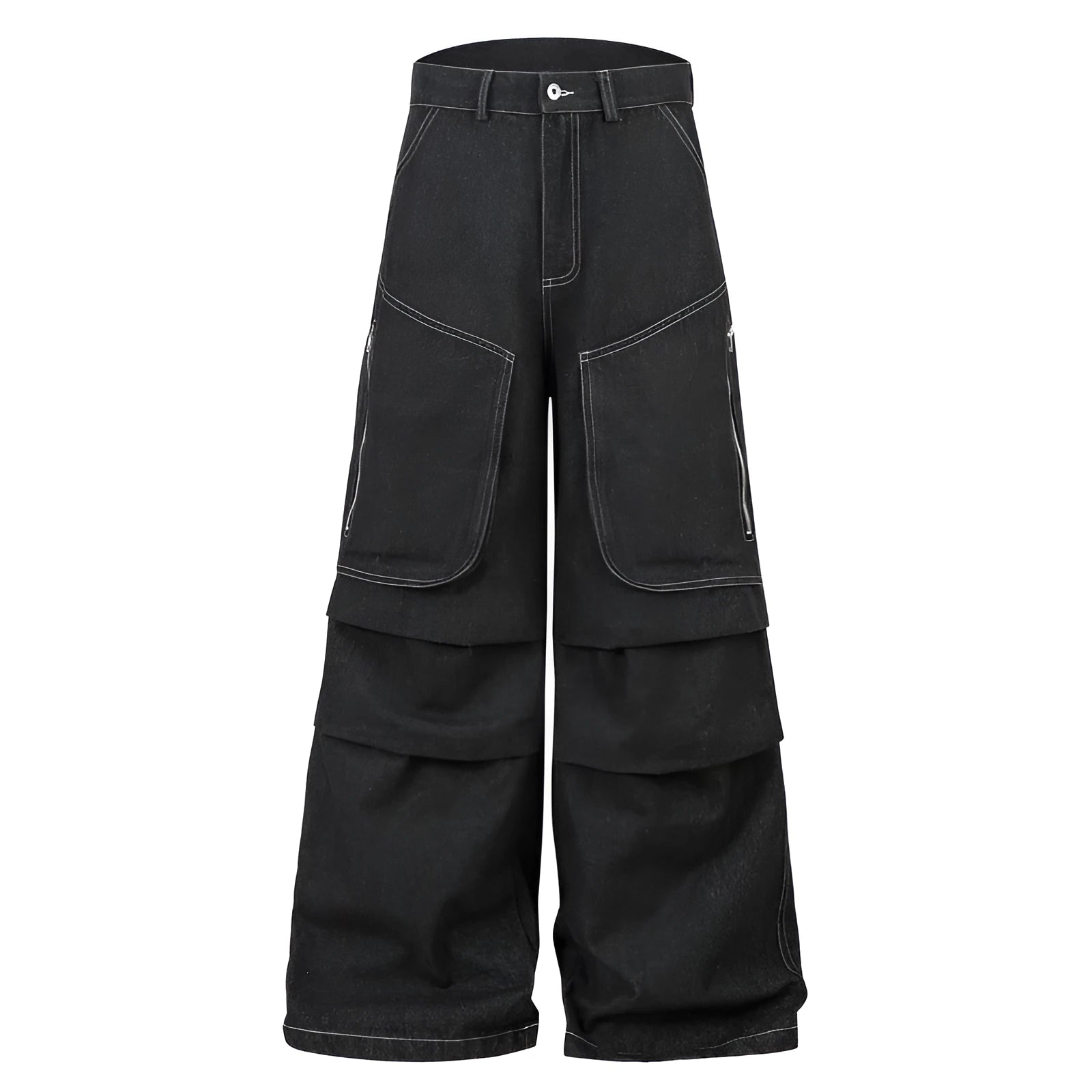 Black multi-pocket pleated workwear denim jeans with mid waist and zip placket