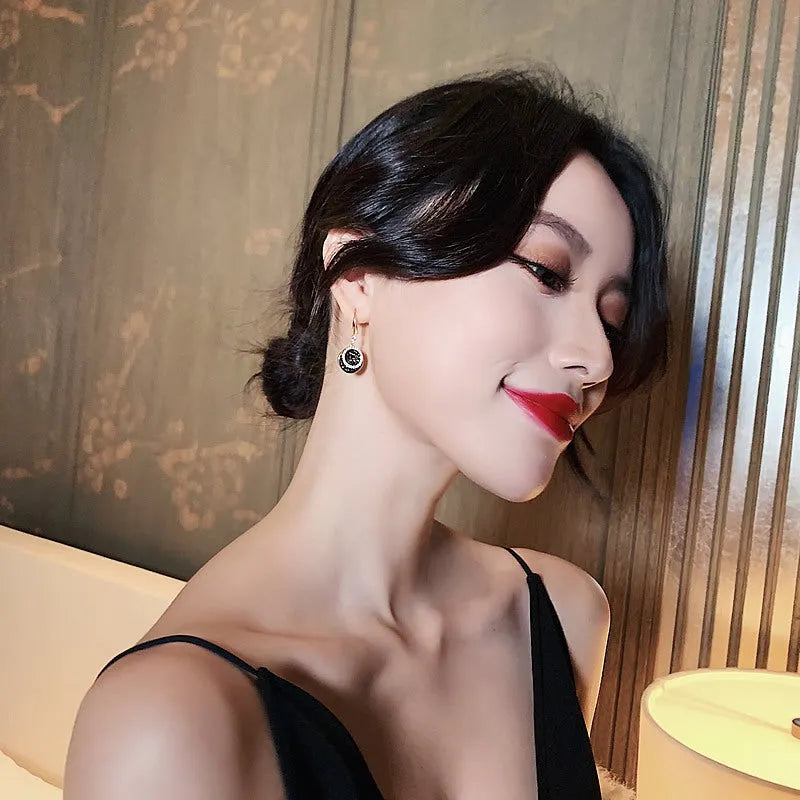 Black geometric drop earrings with retro Hong Kong style measuring 3.6 cm in length
