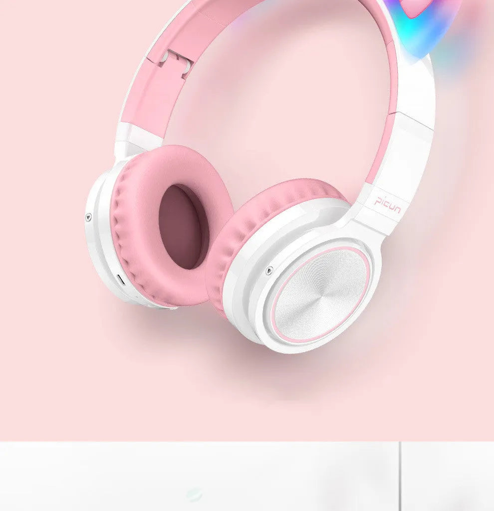 Pink white Bluetooth wireless headset with head-mounted design and 40mm speakers