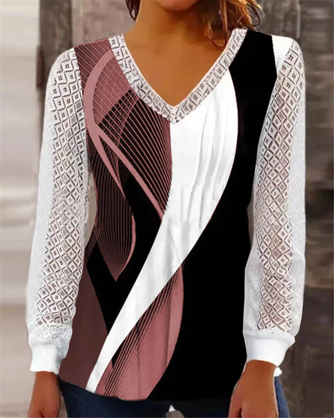 Purple V-neck loose print hollow-out lace top with long sleeves