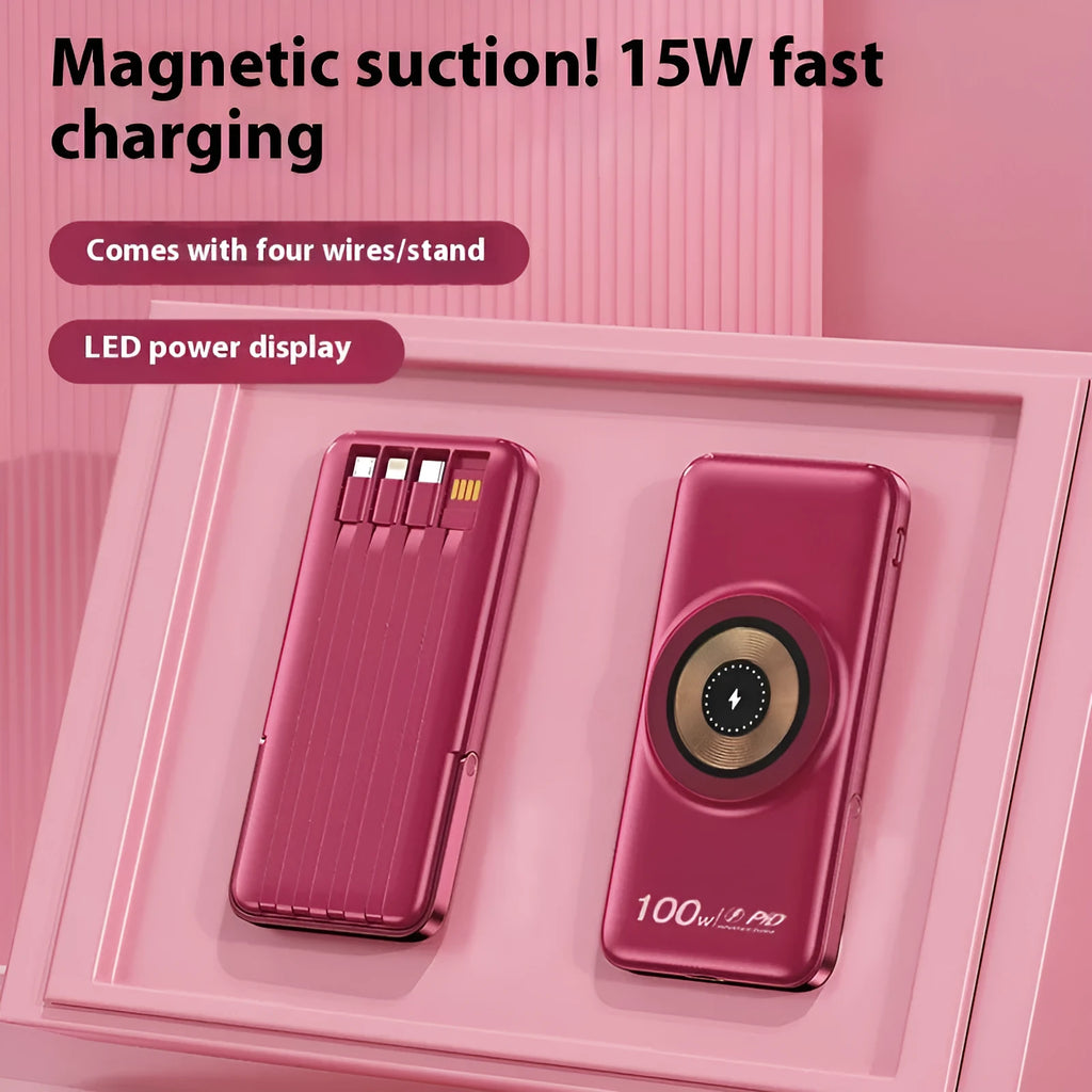 20000 MA power bank with built-in cable and fast charging, compact PVC shell in black