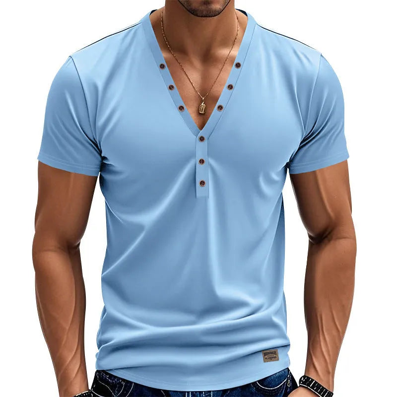 Men's loose V-neck pullover top with button design in light blue colour