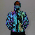 Unisex black reflective hooded jacket with straight hem, 95% polyester, available in sizes M to 3XL for dance