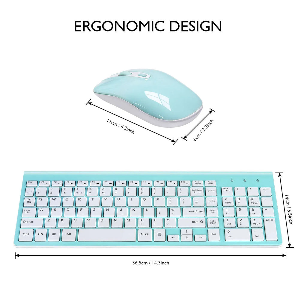 Full-size 2.4G wireless keyboard and mouse set in blue with numeric keypad and silent mouse on a desk