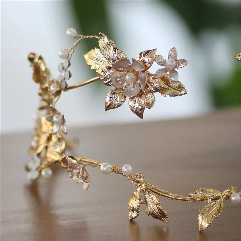 Handmade asymmetric bridal crown in Kc Gold with imitation pearl and rhinestone details