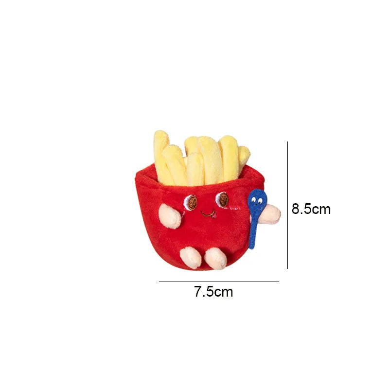 Assorted soft kitten teething toys shaped like a hamburger, chicken leg, fries, bread, and hot dog.