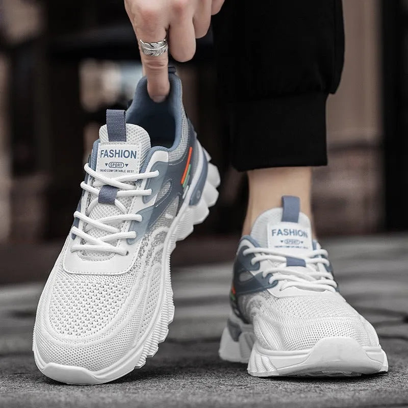 Men's white blue and black platform casual sneakers with mesh upper and cross shoulder straps