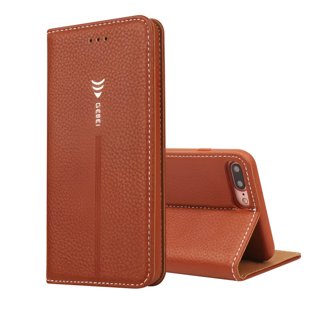Brown PU leather wallet phone case for iPhone showing card slots and cash pocket.