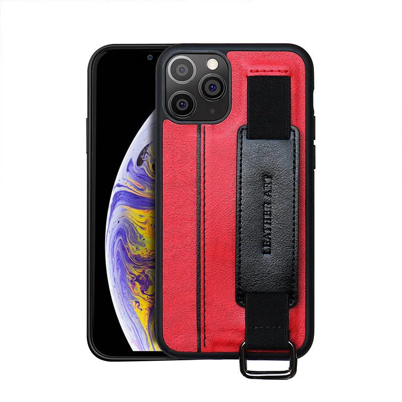 Brown imitation leather wallet-style iPhone case with a detachable wrist strap, shown attached to an iPhone 12.