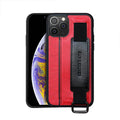 Brown imitation leather wallet-style iPhone case with a detachable wrist strap, shown attached to an iPhone 12.