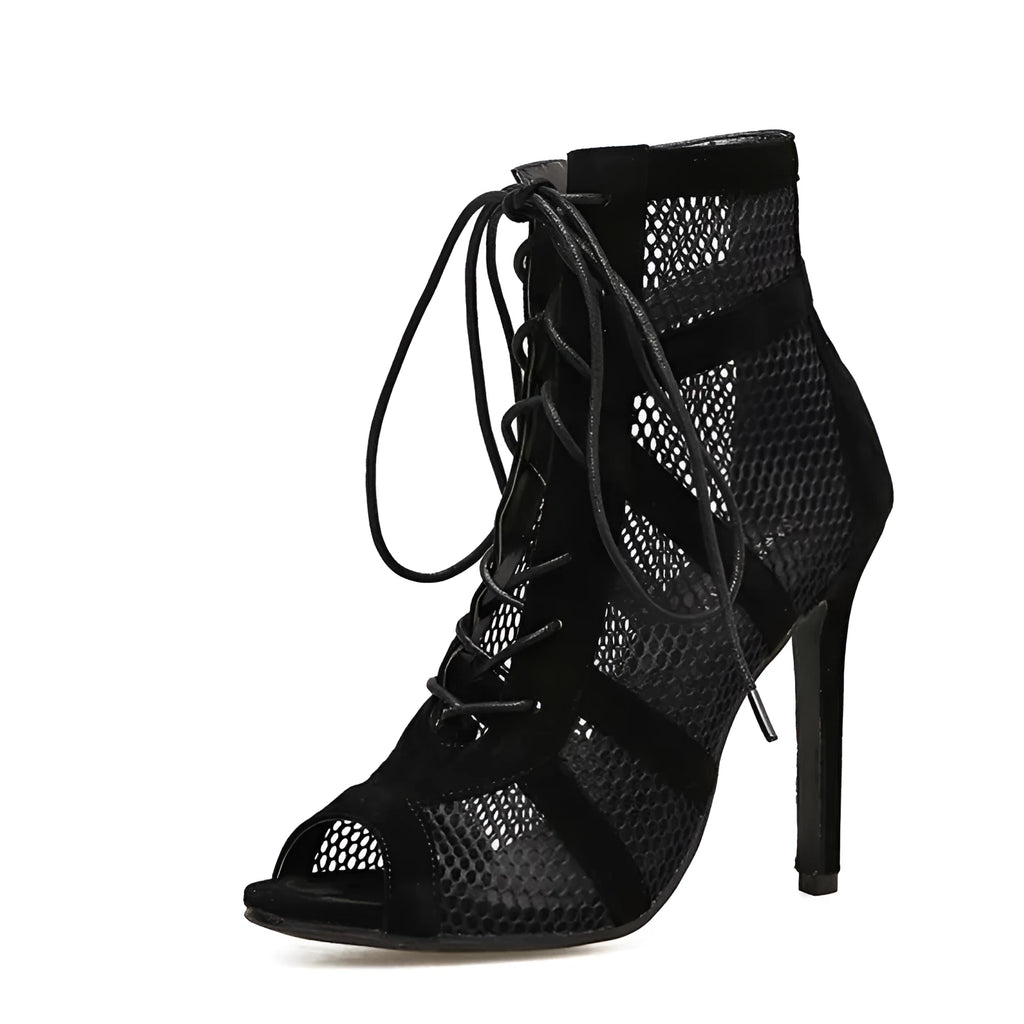 Black suede women's lace-up high heel shoes with an 11.5cm heel on a white background.
