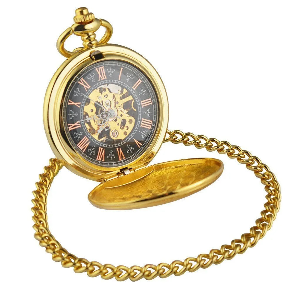 Retro hollow floral print mechanical pocket watch with transparent case back in gold colour.