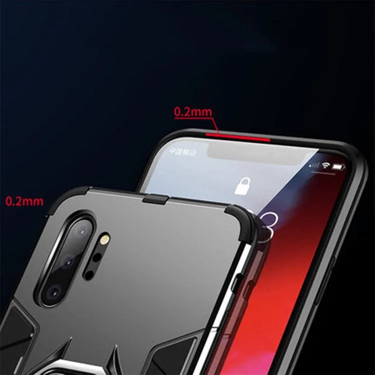 Iron Man magnetic Samsung phone case in black showing integrated metal ring on back.