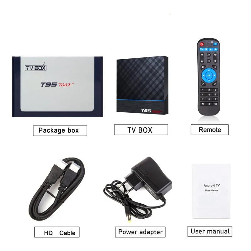 Black T95 Max Plus Android TV box unit with remote, showing UK power plug variant.