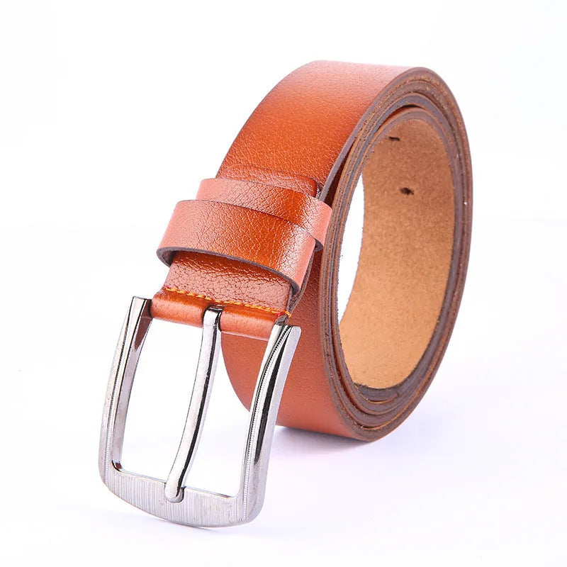Leather pin buckle belt with metal buckle, adjustable 100-135cm, available in black, brown, and camel colours