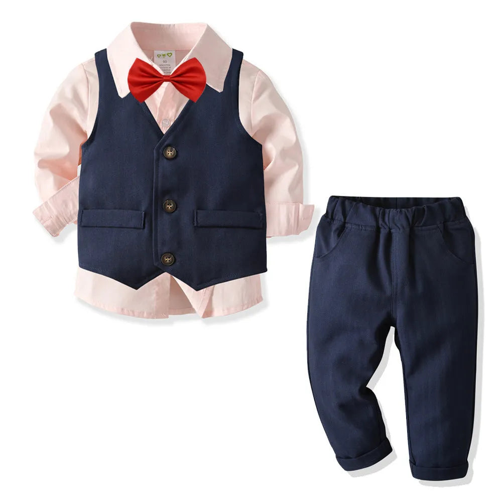 Boys cotton dress suit two-piece set in blue with shirt and trousers, 100% cotton, soft fabric, sizes 90-140cm