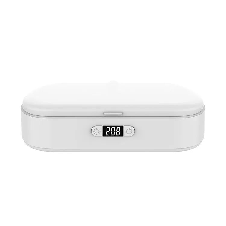 White UV wireless disinfection and charging box for sterilising mobile phones and personal items.