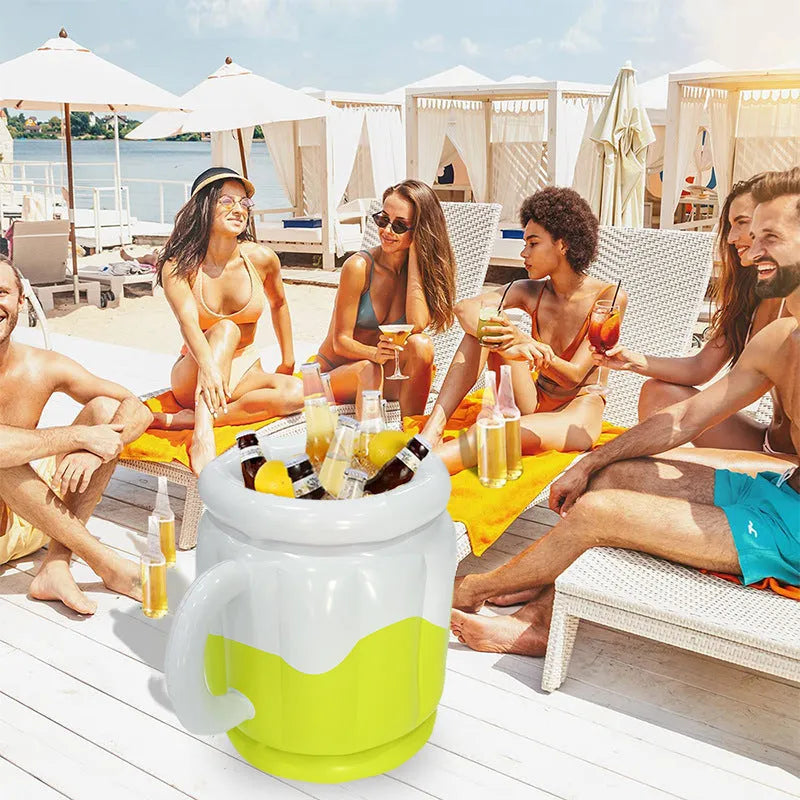 Yellow inflatable PVC ice bucket for portable drink cooling at parties and outdoor events