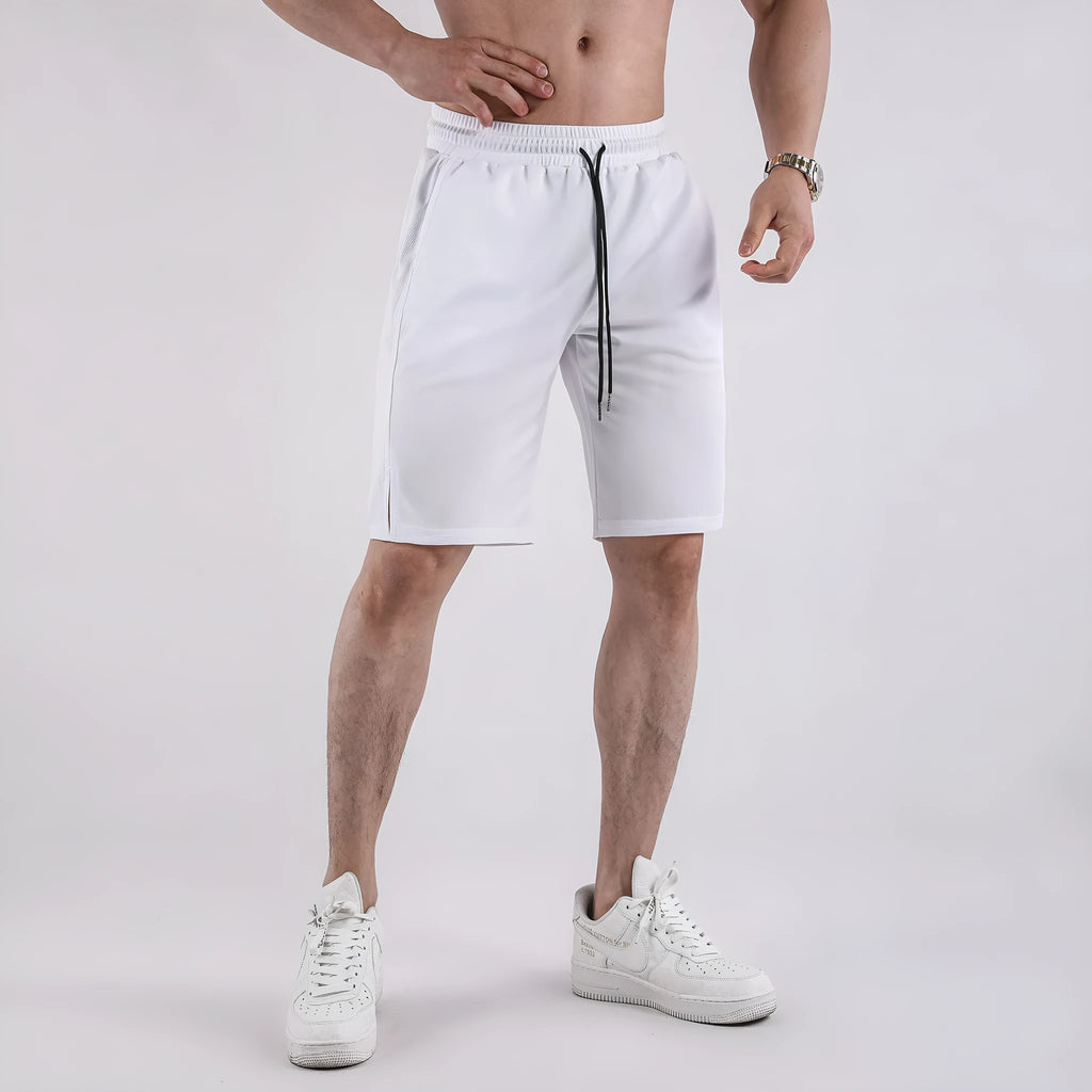 Men's black and white quick-dry mesh shorts with elastic waistband and loose fit