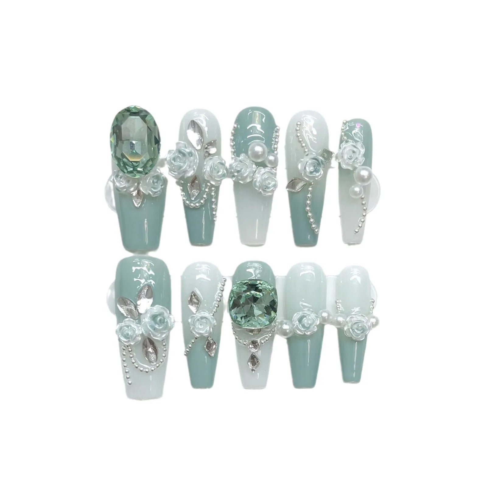 Women's gradient camellia chain nail armour set with bow and butterfly decorations in armour green colour