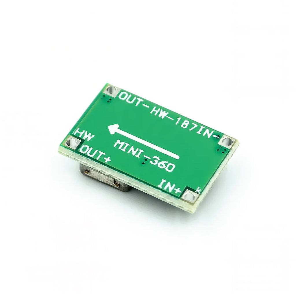 Mini-360 green DC-DC buck converter module measuring 17x11x3.8mm with adjustable voltage output