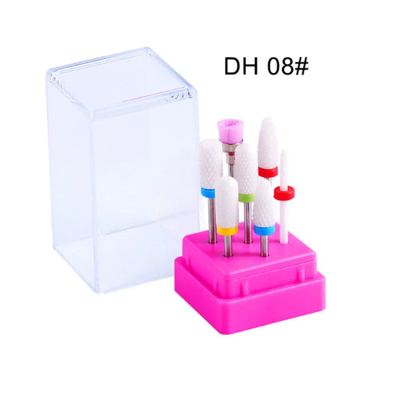 Tungsten steel nail drill polishing head set with 7 bits and a brush in a transparent case.