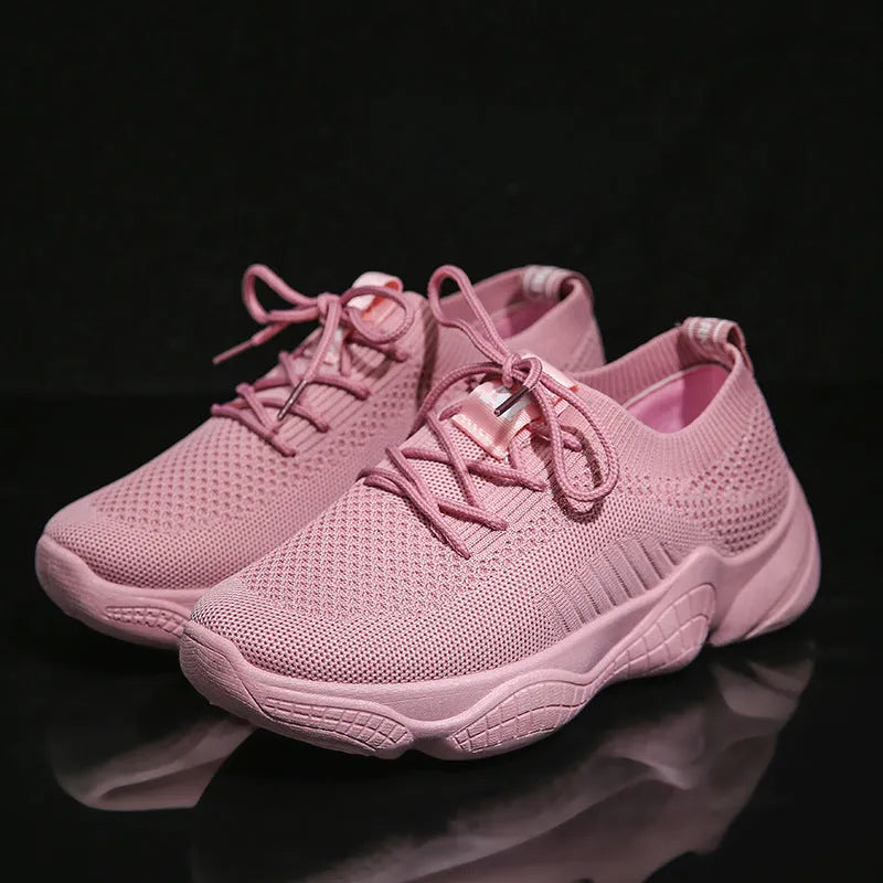 Women's white casual sports shoes with woven upper and thick rubber sole