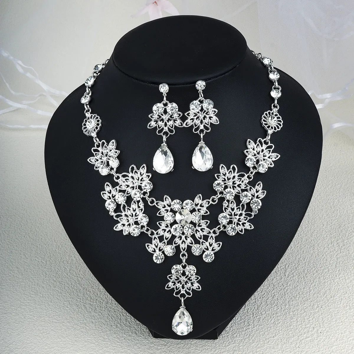 Rhinestone pearl earrings and necklace set for women wedding jewellery in silver gold AB blue green red champagne purple