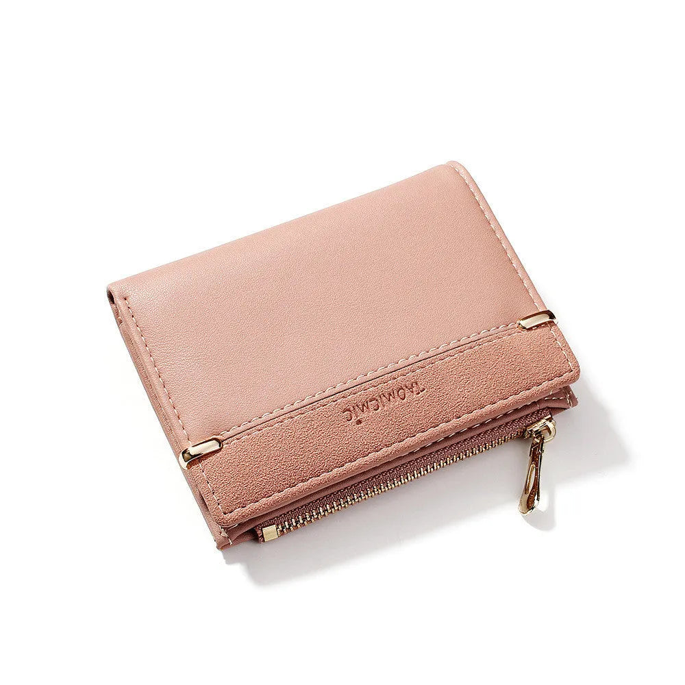 Short ladies wallet with zipper closure showing multi card slots and compartments in PU leather
