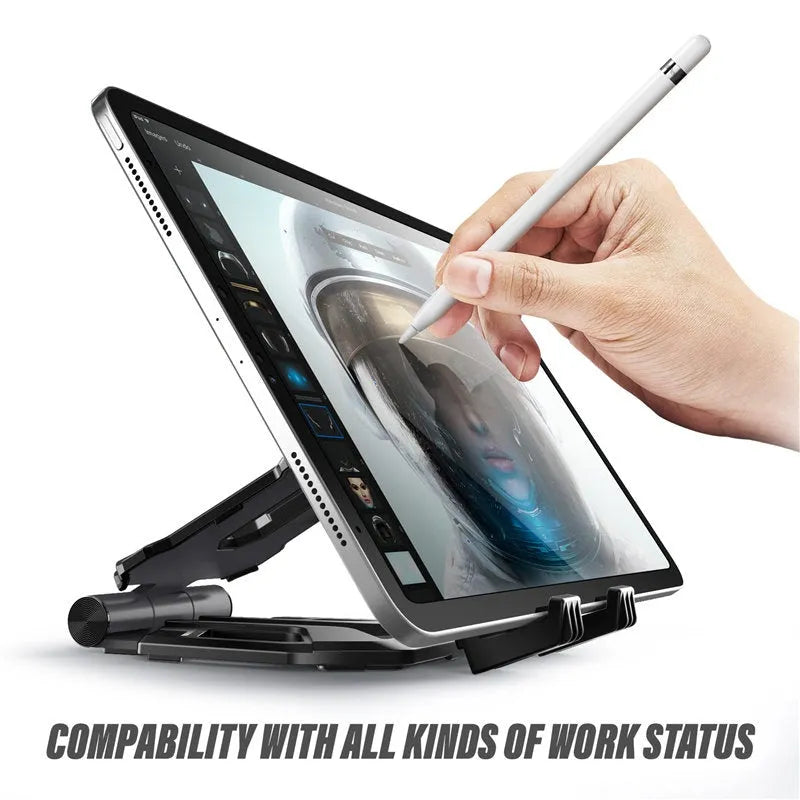 Black adjustable tablet stand folded open displaying an iPad, featuring aluminium body and 270-degree rotation