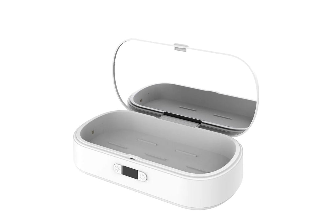 White UV wireless disinfection and charging box for sterilising mobile phones and personal items.