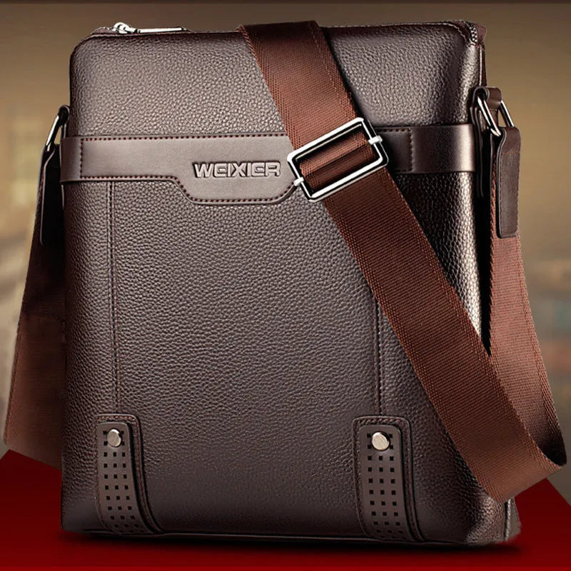 Men's soft PU leather messenger bag in solid colour with zipper closure and interior pockets – black or brown